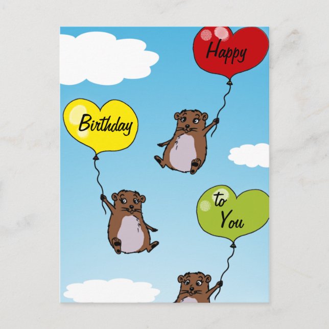 Cartão Postal Balões de Hamster, Feliz Aniversário para Você (Frente)