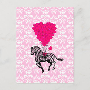 Cartão Postal Balões de zebra e coração cor-de-rosa