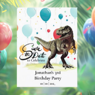 Cartão Postal Balões Dinossauro T-Rex Save the date 