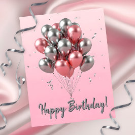 Cartão Postal Balões Elegantes Rosa Dourado e Prata de Aniversár
