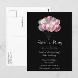 Cartão Postal Balões Glitter Rosa e Prata Aniversário