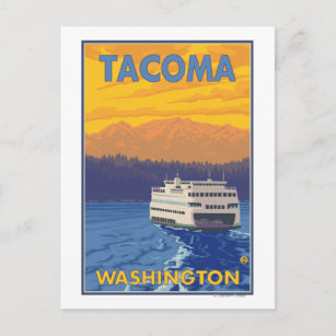 Cartão Postal Balsa e montanhas - Tacoma, Washington