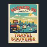 Cartão Postal Baltimore Maryland Charm City Retro<br><div class="desc">Baltimore Maryland Charm City Retro Travel Postcard, 1950s Style Colorful Vintage Inspired Graphic Design, AI Reimagined Souvenir Art Description: Celebrate the vibrant spirit of Charm City with this colorful retro-style postcard inspired by the golden age of American travel art. This AI-generated conceptual reimagining captures the energy and charm of historic...</div>