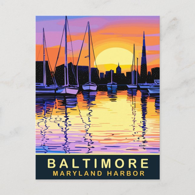 Cartão Postal Baltimore, Maryland Harbour, Sunset, Viagem (Frente)