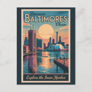 Cartão Postal Baltimore Maryland Skyline Viagem Art Vintage