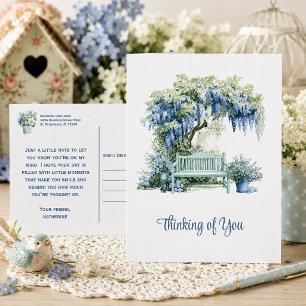 Cartão Postal Banco de Jardim de Wisteria Azul Pensando em Você