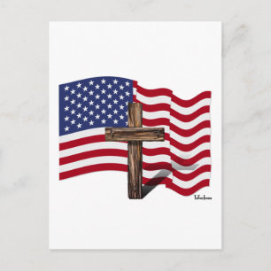 Cartão Postal Bandeira Americana Acenando e Cruz Rústica