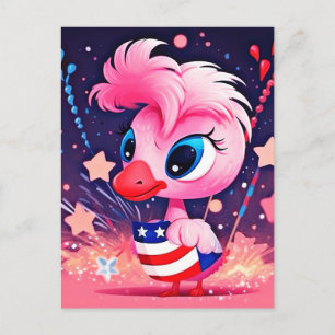 Cartão Postal Bandeira Americana com Flamingo Cartoon-69216
