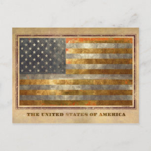 Cartão Postal Bandeira Americana No Folheto Dourado
