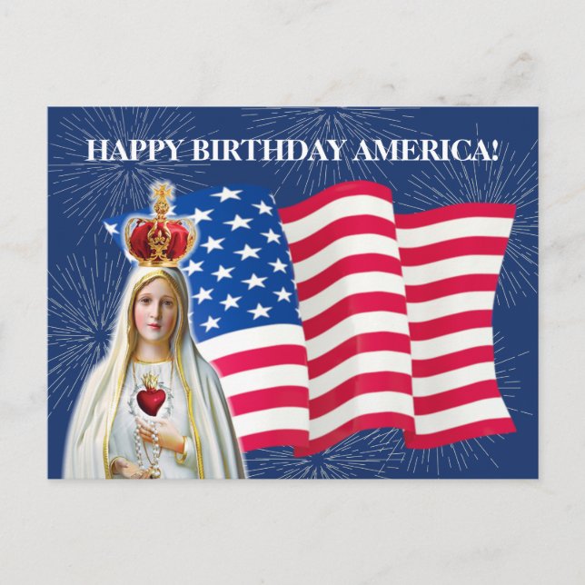 Cartão Postal Bandeira Americana Nossa Senhora Fatima Fireworks (Frente)