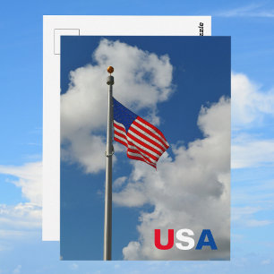 Cartão Postal Bandeira Americana Tremulando Vermelha Branca e Az
