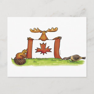 Cartão Postal Bandeira canadiana com alce, castor e ganso