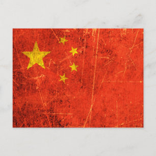 Cartão Postal Bandeira Chinesa Vintage Arranhada e Vestida