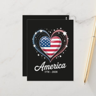 Cartão Postal Bandeira Coração 1776 2026 4 de julho Aniversário
