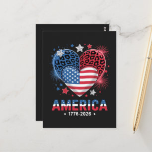 Cartão Postal Bandeira Coração Leopardo 1776 2026 4 de julho 