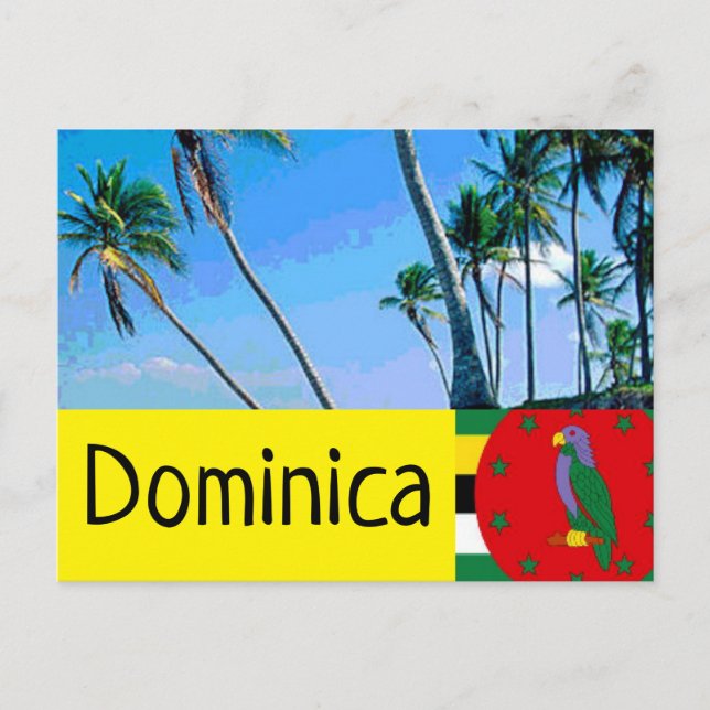Cartão Postal Bandeira da Domínica com palmeiras tropicais (Frente)