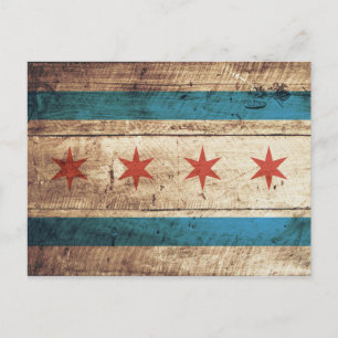 Cartão Postal Bandeira de Chicago em Velha Textura de Madeira