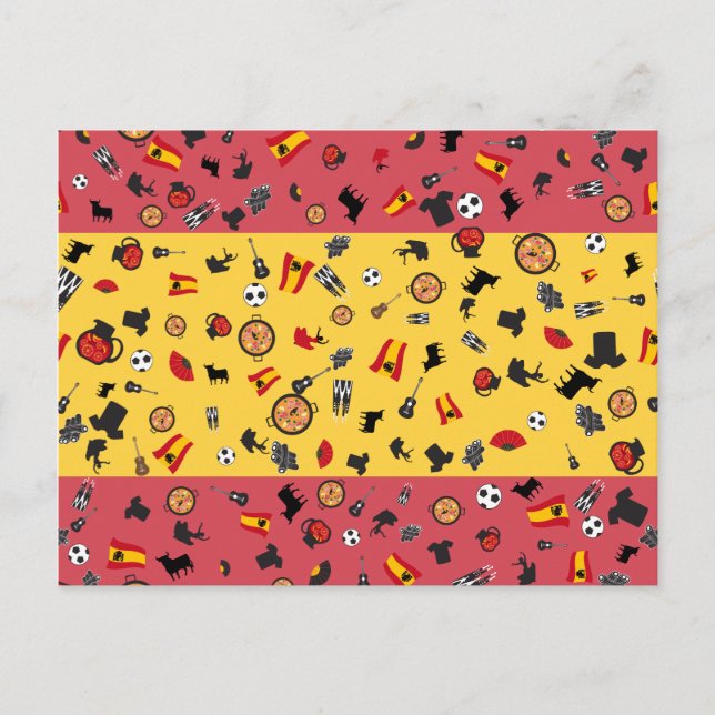 Cartão Postal Bandeira espanhola com artigos famosos de Espanha (Frente)