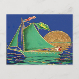 Cartão Postal Bandeira Irlandesa Bandeira Americana Sol Barco