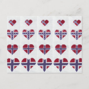 Cartão Postal Bandeira Norueguesa Heart Cross Stitch Nordic Noru