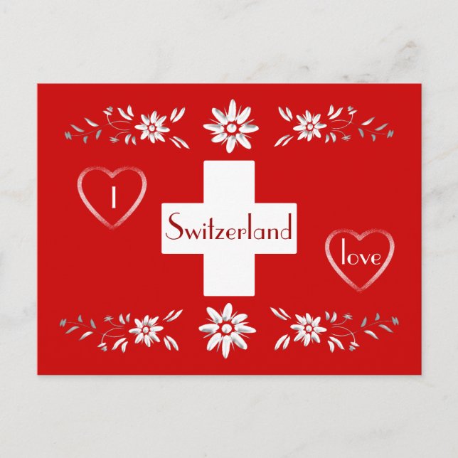 Cartão Postal bandeira suíça e edelweiss (Frente)