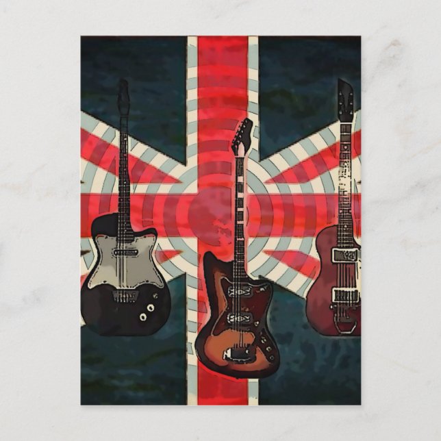 Cartão Postal Bandeira Union Jack Britânica Rock Roll Guitarra E (Frente)