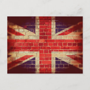 Cartão Postal Bandeira Vintage do Reino Unido numa parede de tij