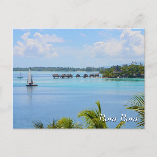 Cartão Postal Bangalôs e barco em Bora Bora (Frente)