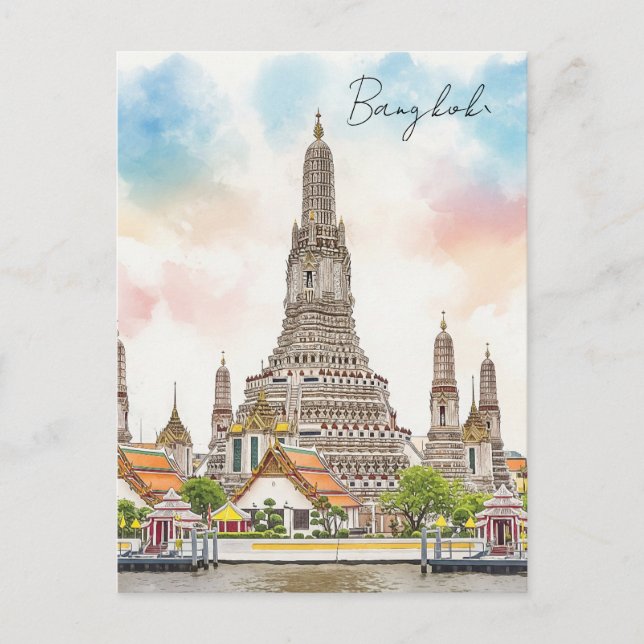 Cartão Postal Bangkok Tailândia Wat Arun Watercolor (Frente)