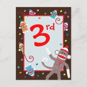 Cartão Postal Banner de Festa de aniversário do Macaco Sock 3rd