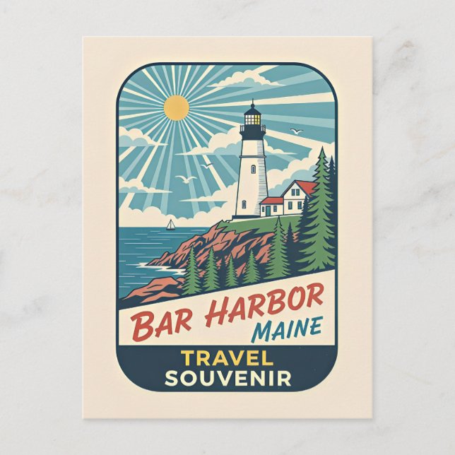 Cartão Postal Bar Harbor, Maine Retro Lighthouse 1950s (Frente)