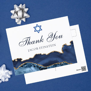 Cartão Postal Bar marinho Azul Dourado Personalizado Mitzvah Obr