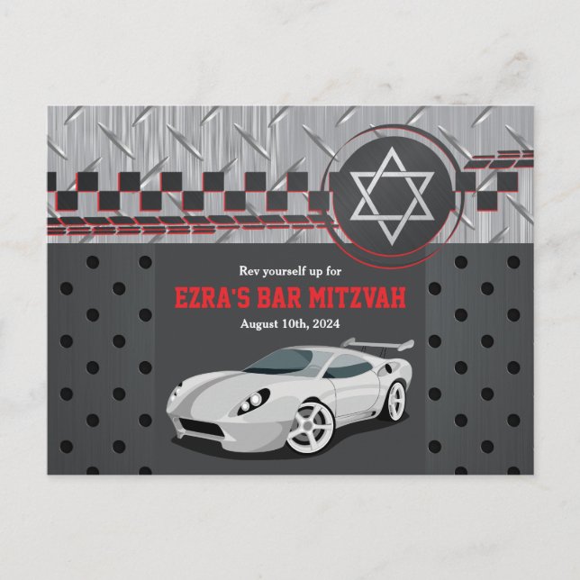 Cartão Postal Bar Mitzvah da Corrida de Carro Salve a Data (Frente)