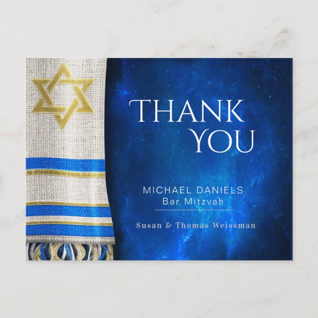 Cartão Postal Bar Mitzvah Obrigado Oração Shawl Azul (Frente)