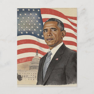Cartão Postal Barack Obama em frente à bandeira americana e ao C