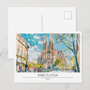 Cartão Postal Barcelona Espanha Ilustração de Arte Vintage Viage