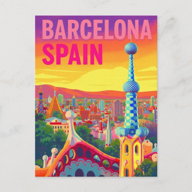 Cartão Postal Barcelona Gaudi Pôr do Sol Retro (Frente)