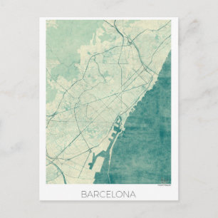 Cartão Postal Barcelona Map Blue Vintage Watercolor