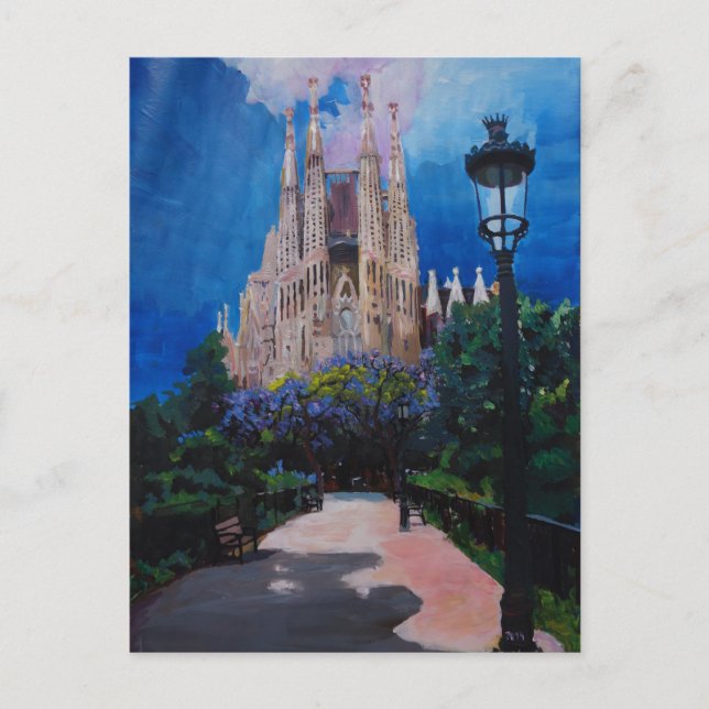 Cartão Postal Barcelona Sagrada Familia com Parque e Lanterna (Frente)