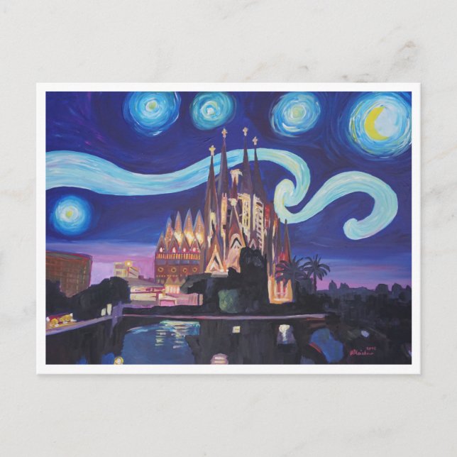 Cartão Postal Barcelona Sagrada Familia Starry noite (Frente)