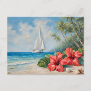 Cartão Postal Barco a Vela perto de Praia Tropical, Flores de Hi