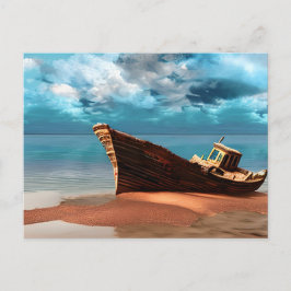 Cartão Postal Barco Abandonado numa Praia de Areia Deserta