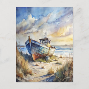 Cartão Postal Barco de Pesca Praia Oceano Costa Náutica