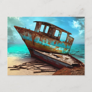 Cartão Postal Barco Velho Deserto em uma Praia Arenosa Abandonad