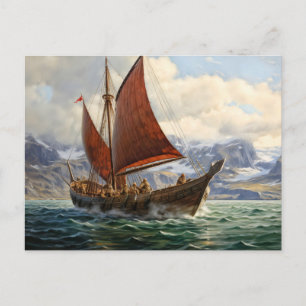 Cartão Postal Barco viking navegando no mar do norte. Islandês