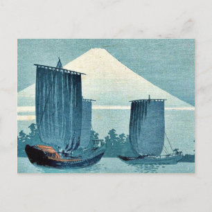 Cartão Postal Barcos à vela e Monte Fuji por Uehara, Konen Ukiyo