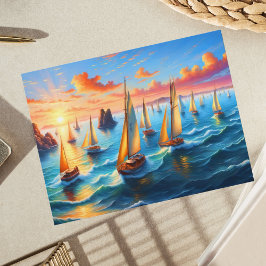 Cartão Postal Barcos a Vela no Céu do Pôr do Sol Pacífico Oceano