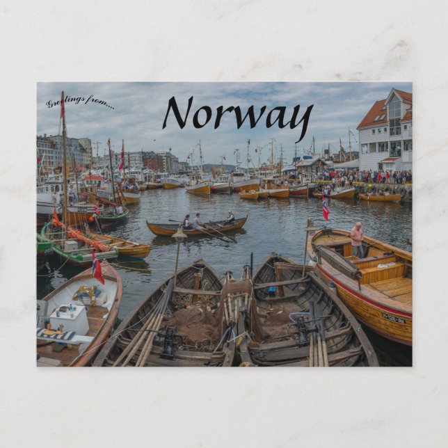 Cartão Postal Barcos de Bergen na Noruega (Frente)