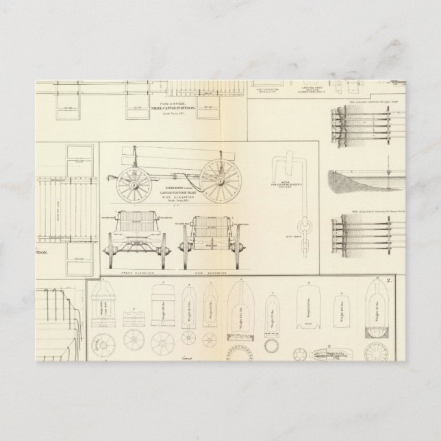 Cartão Postal Barcos de desenho, pontes, vagões, projéteis (Frente)