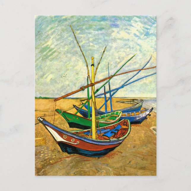 Cartão Postal Barcos de pesca Van Gogh na praia em Saintes Marie (Frente)
